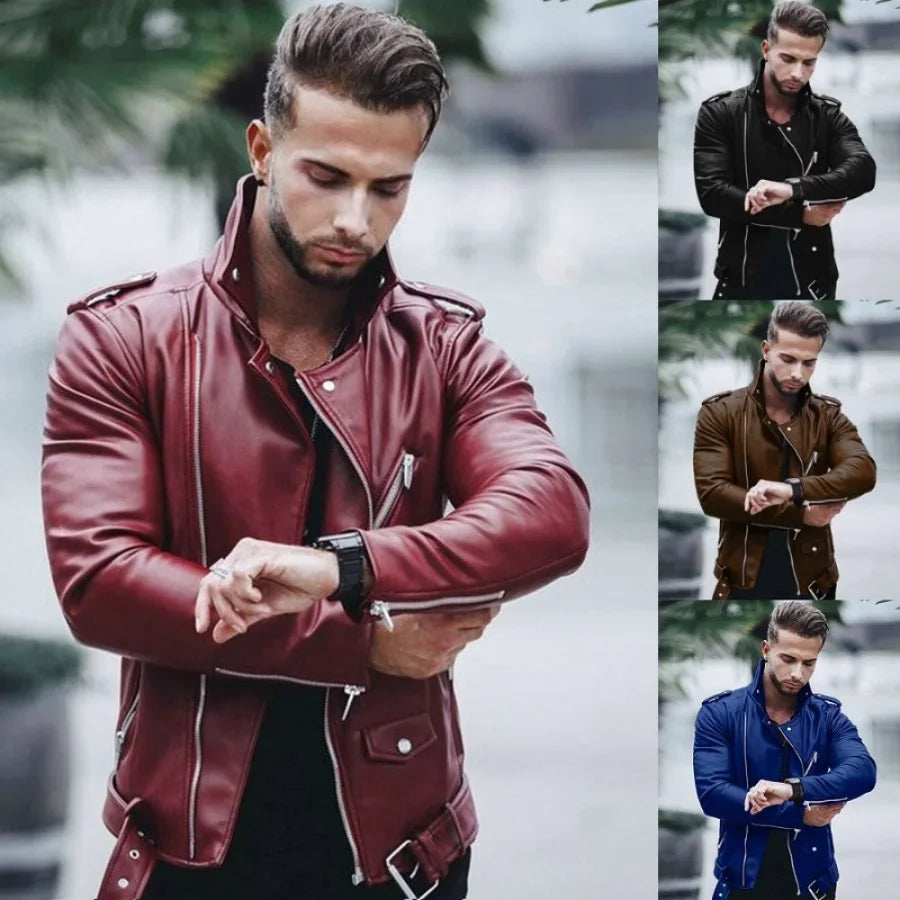 Men’s PU Faux-Leather Stand-Collar Jacket