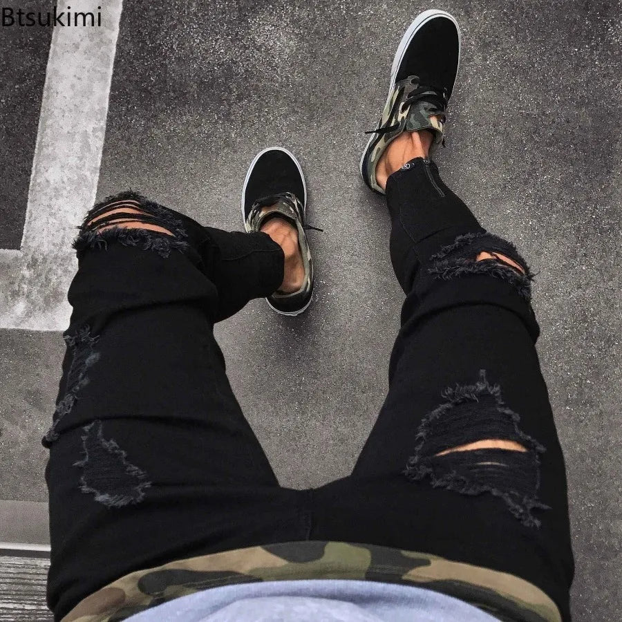Men’s Black Ripped Stretch Denim Jeans