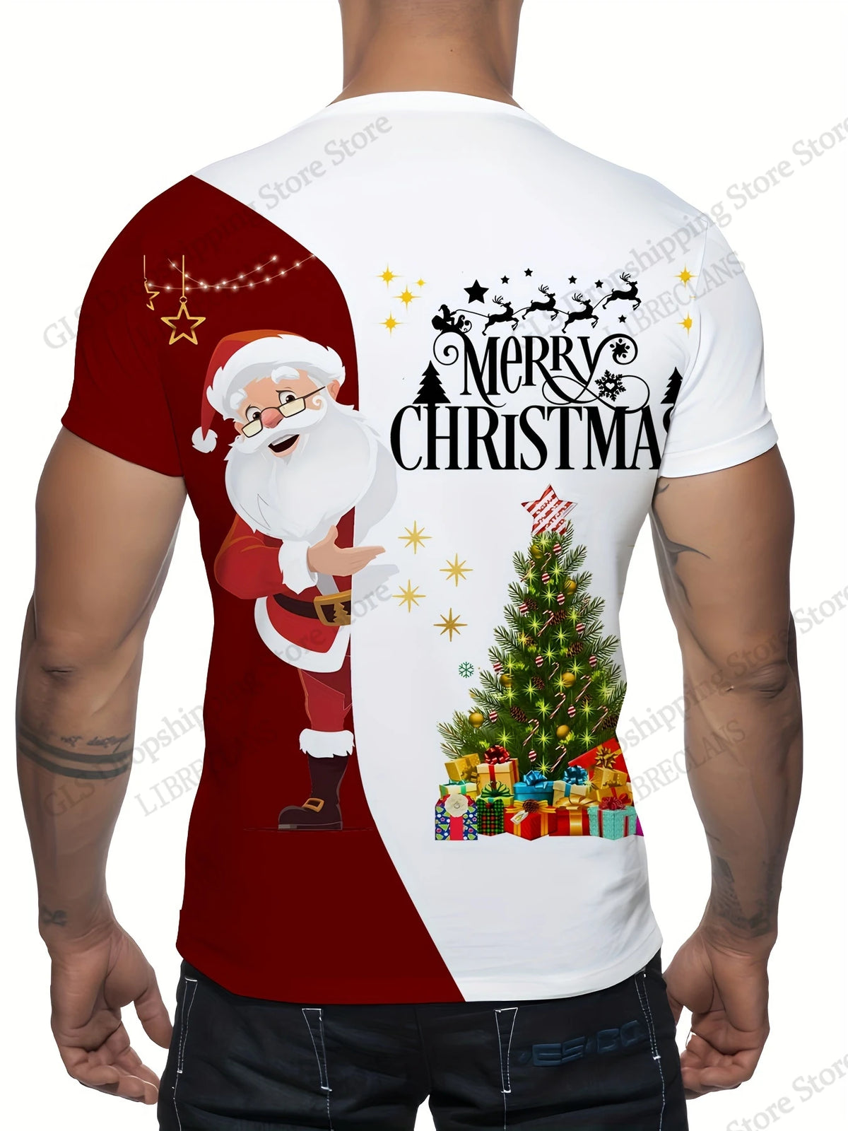 Christmas Tree & Santa Graphic Crew Neck T-Shirt