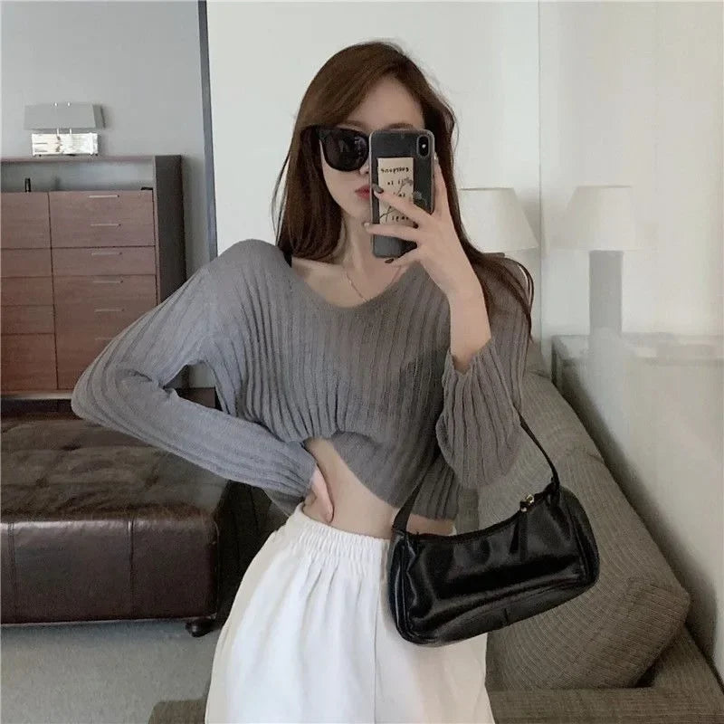 Women's Loose-Fit V-Neck Acrylic Knit Top
