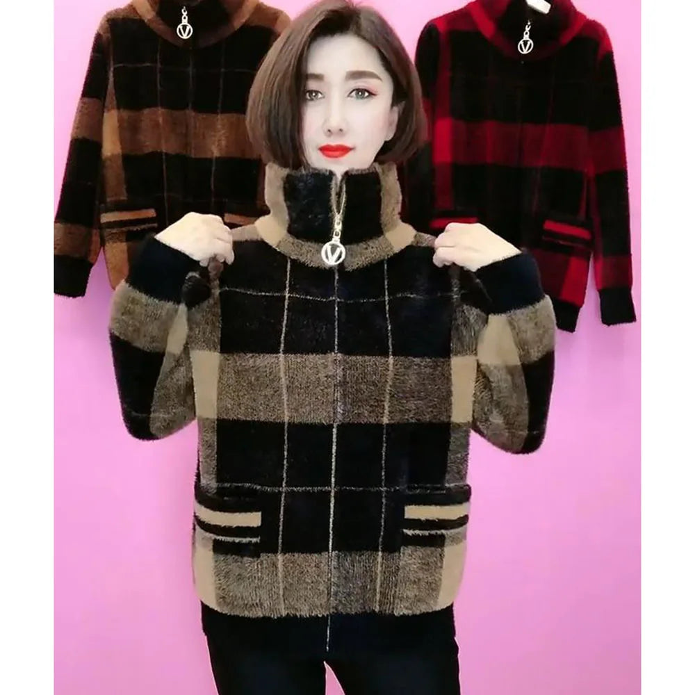 Women’s Thick-Knit Plaid Cardigan with Stand Collar