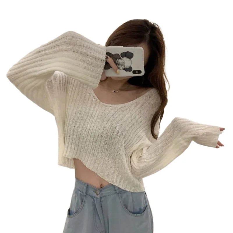 Women's Loose-Fit V-Neck Acrylic Knit Top