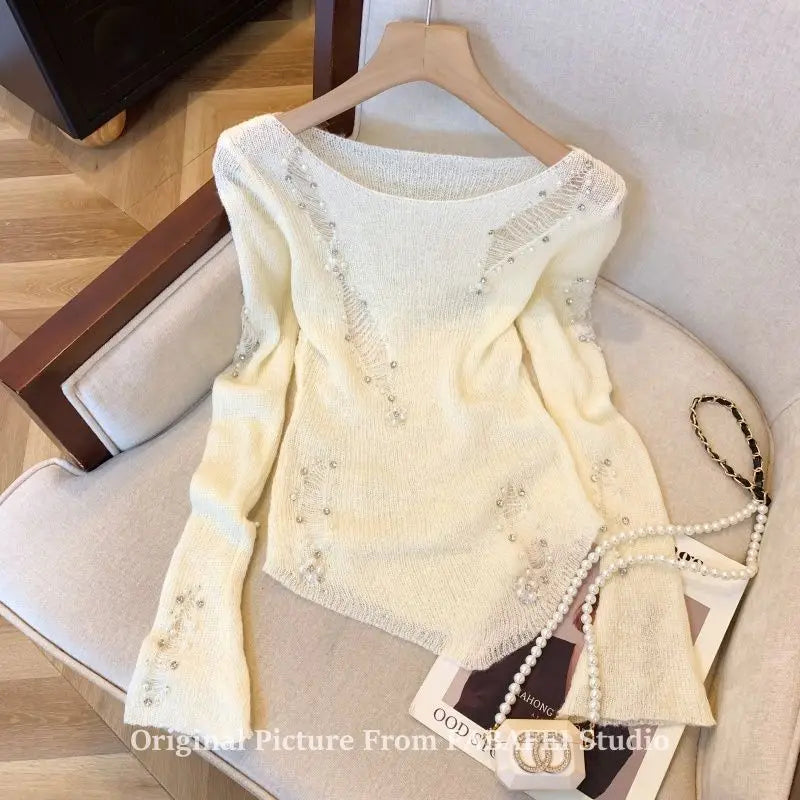 Women's Beaded Openwork Sweater with 3/4 Sleeves | Model Pink