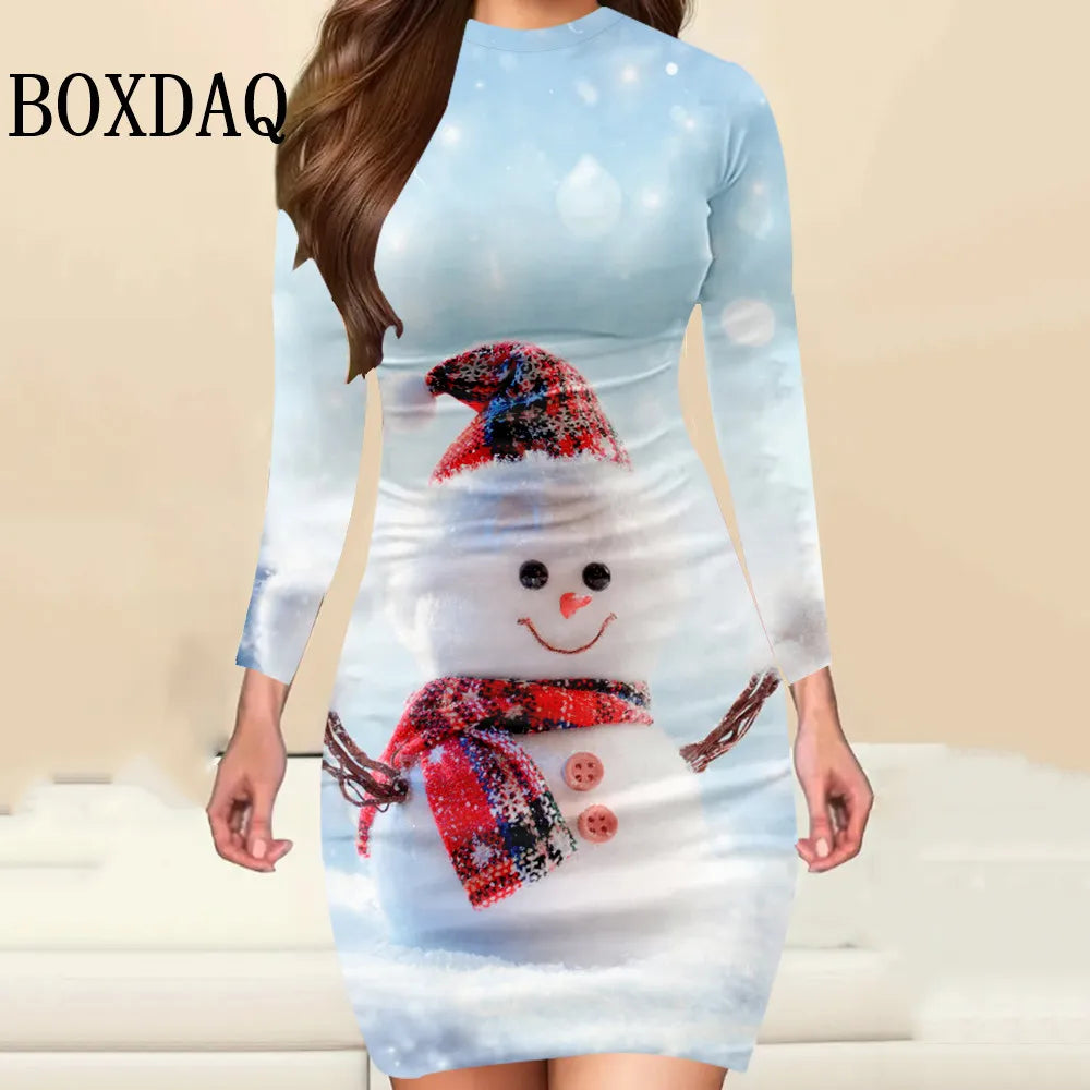 Christmas Print Long-Sleeve Bodycon Mini Dress