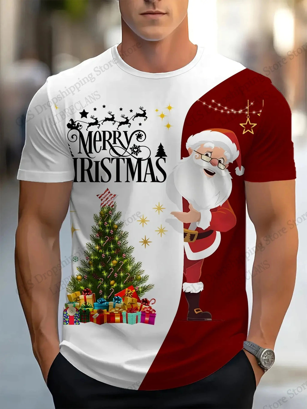 Christmas Tree & Santa Graphic Crew Neck T-Shirt