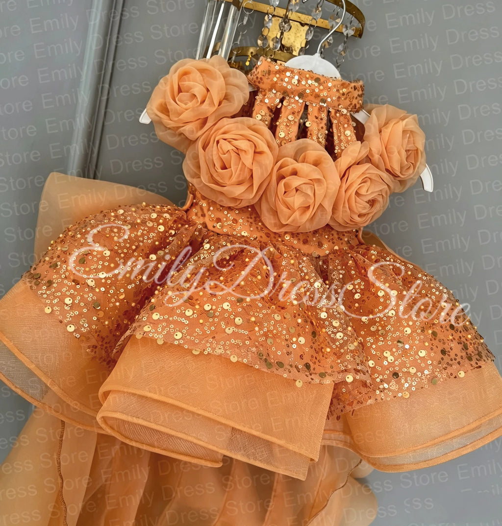 Champagne Tulle Flower Girl Dress with Floral Appliqué & Sequins