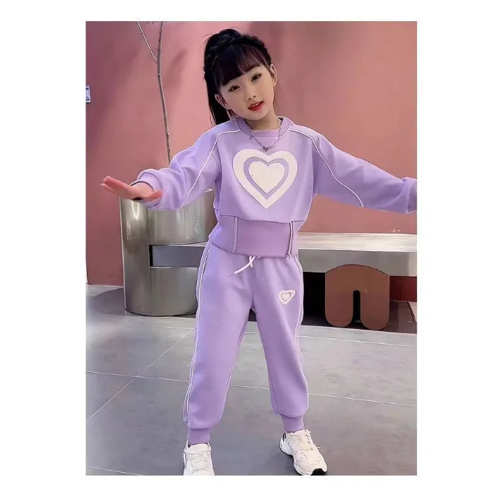 Girls’ Heart-Print 2-Piece Outfit – Long-Sleeve Top & Trousers