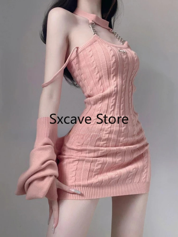 Women's Pink Knit Crop Top & Mini Dress Set
