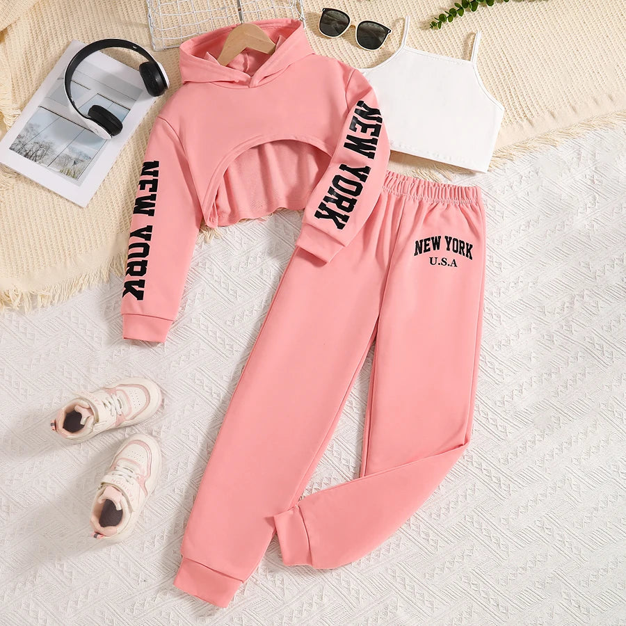 Girls' 3-Piece Letter-Print Hoodie, Vest & Pants Set