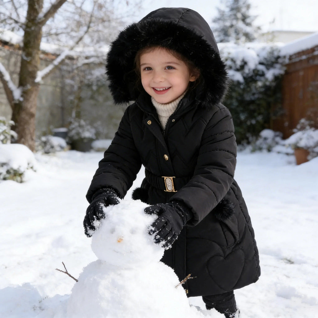 Girls' Hooded Winter Coat with Fur-Style Collar | Model Pink