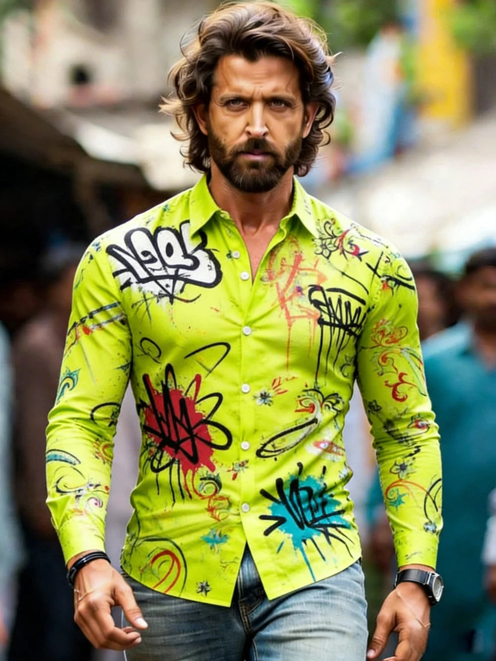 Men's Geometric Print Long-Sleeve Button-Up Shirt