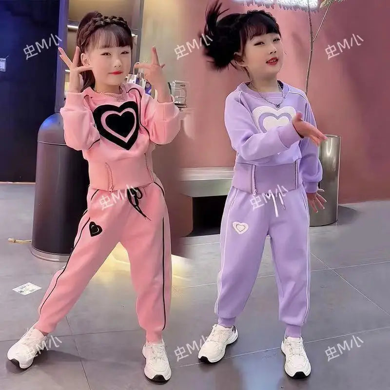 Girls’ Heart-Print 2-Piece Outfit – Long-Sleeve Top & Trousers