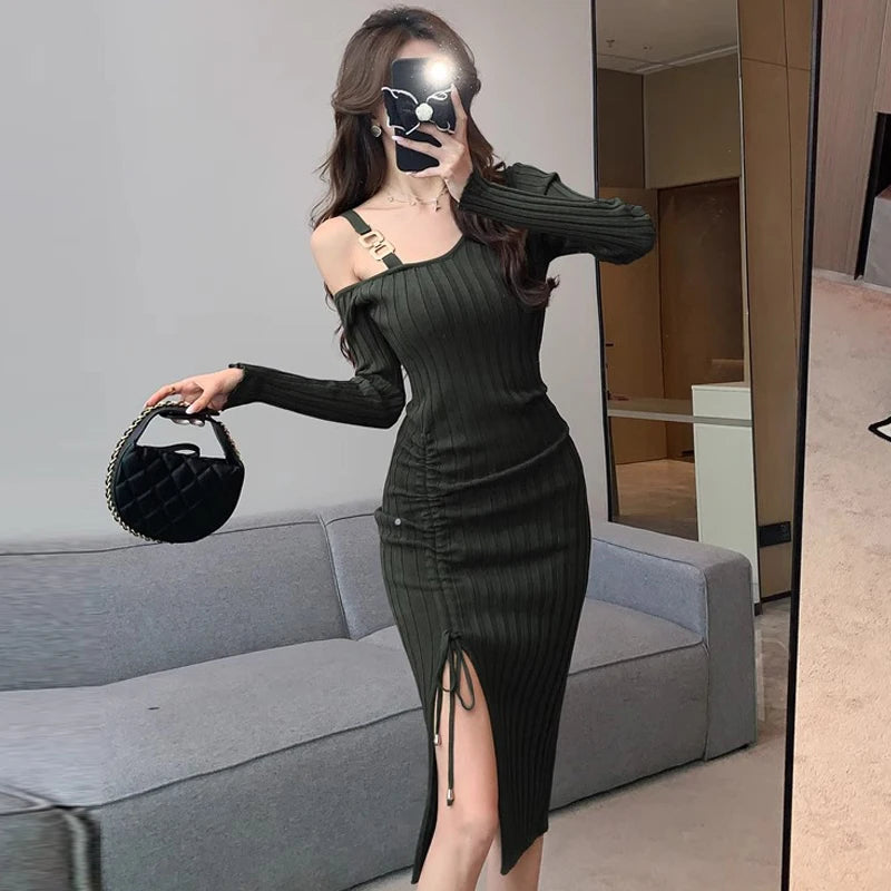 Women’s Ribbed Knit Bodycon Dress with Asymmetric Neckline