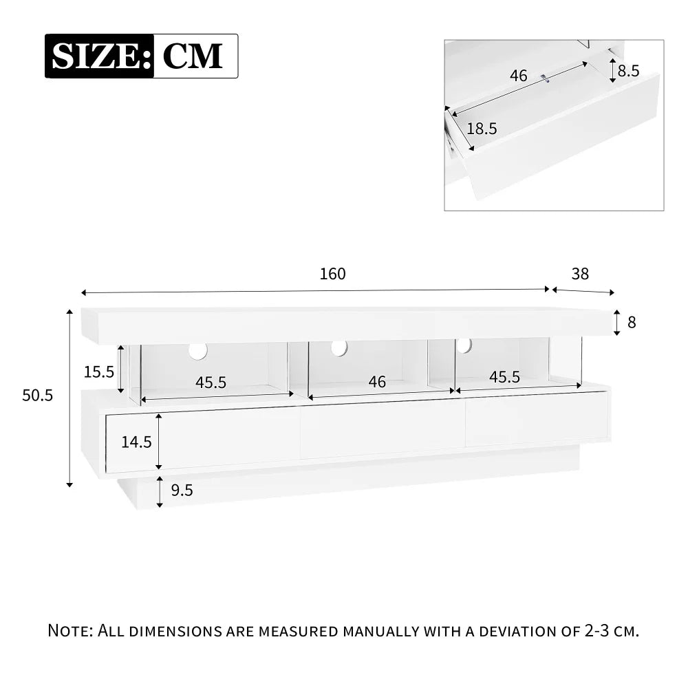 160 cm High-Gloss TV Stand with 3 Glass Compartments