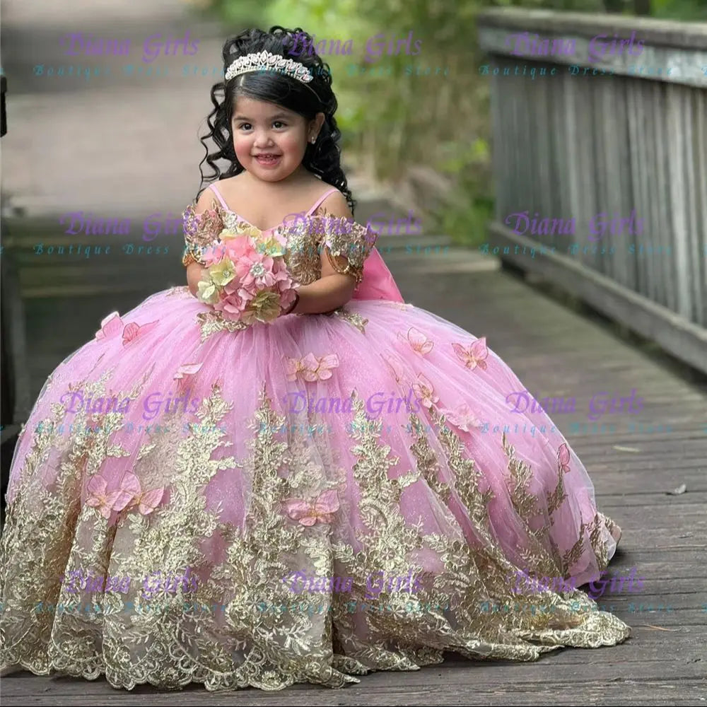 Pink Tulle Flower Girl Dress with Appliqué