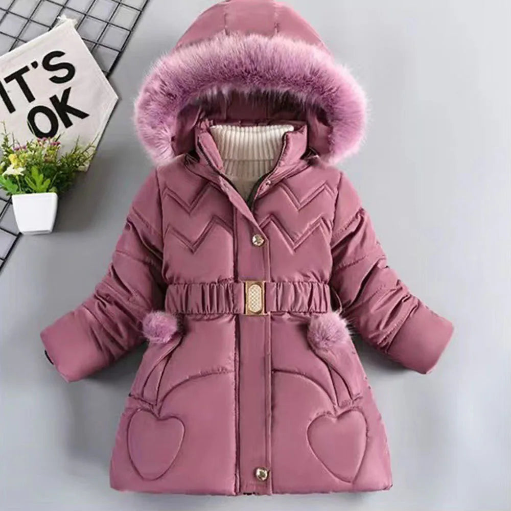 Girls' Hooded Winter Coat with Fur-Style Collar | Model Pink