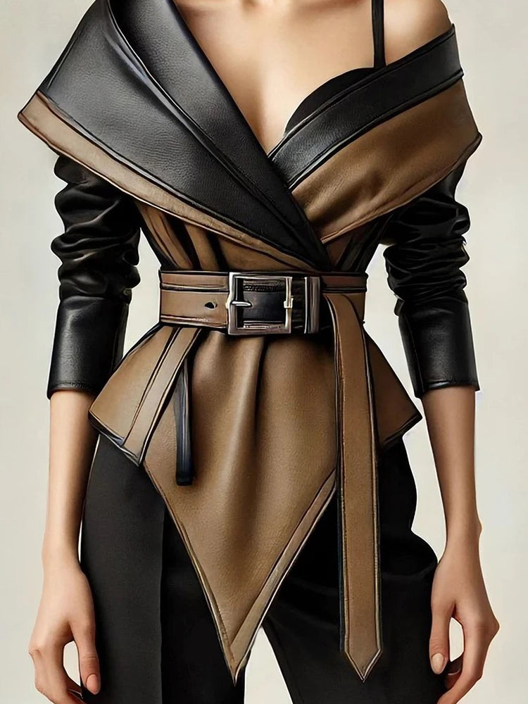 Women’s Asymmetric PU Leather Jacket with Belt