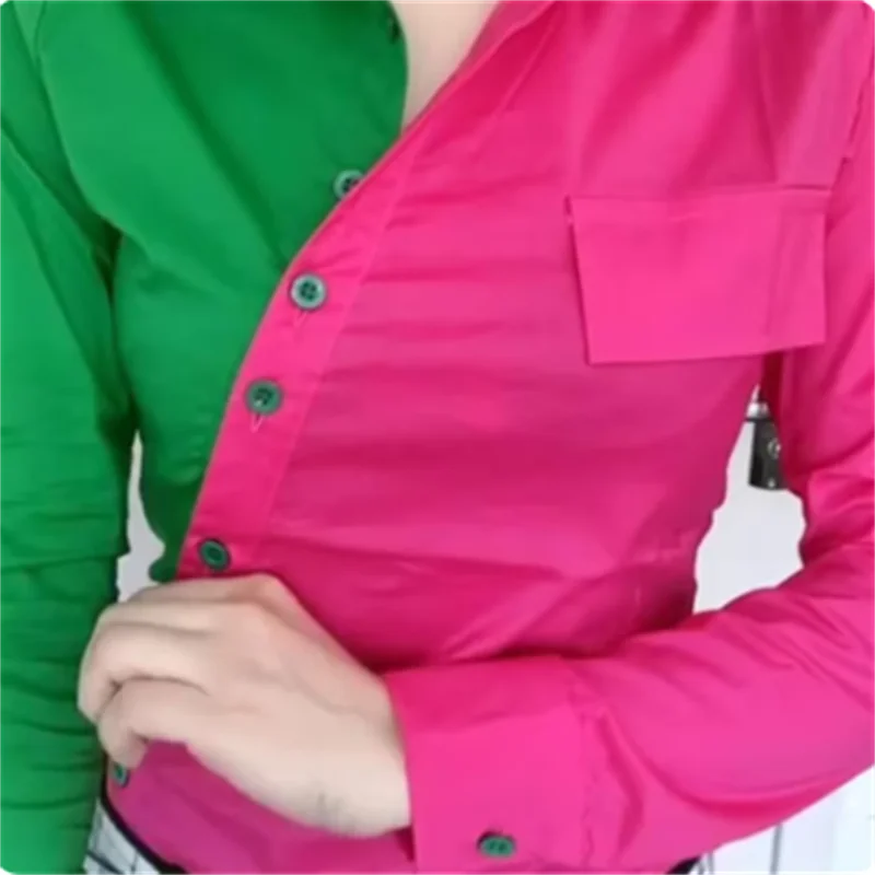Red & Green Contrast Long-Sleeve Blouse