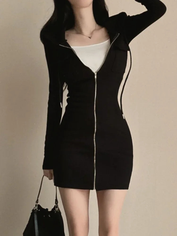 Women’s Hooded Zip-Up Mini Dress with Pockets
