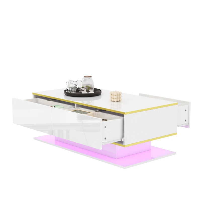 White & Gold LED Coffee Table with 3 Drawers