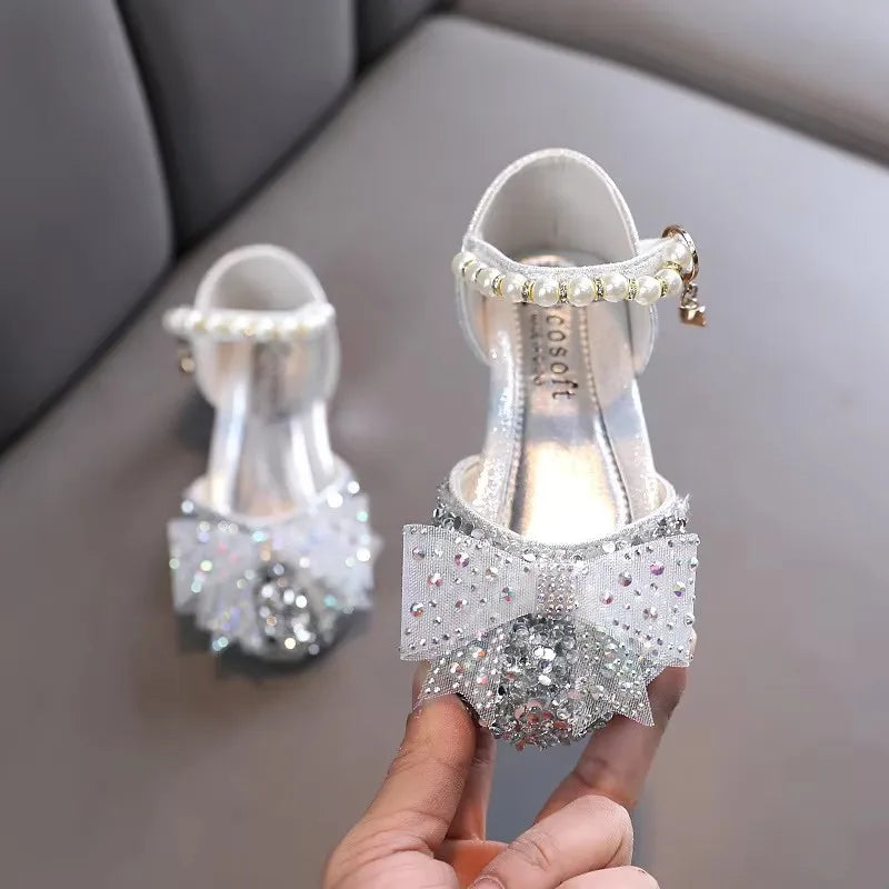 Girls' Leather Sandals with Sequin Bow Detail