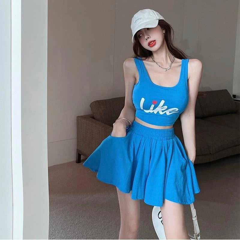 Women's Sleeveless Crop Top & Pleated Skirt Set