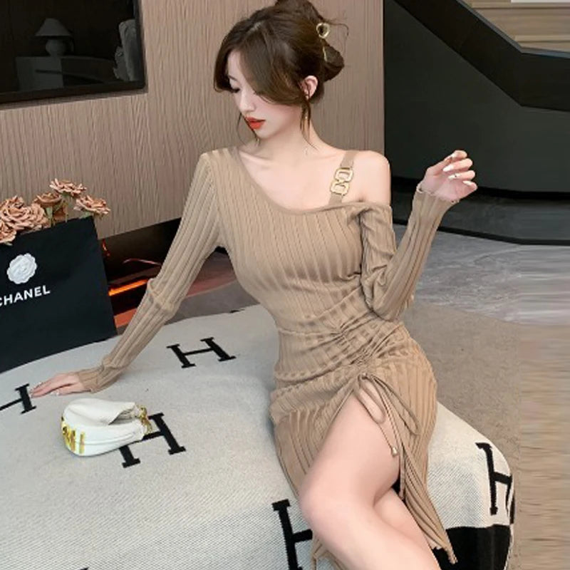 Women’s Ribbed Knit Bodycon Dress with Asymmetric Neckline