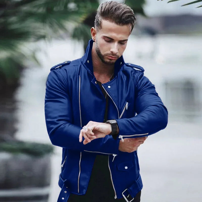 Men’s PU Faux-Leather Stand-Collar Jacket