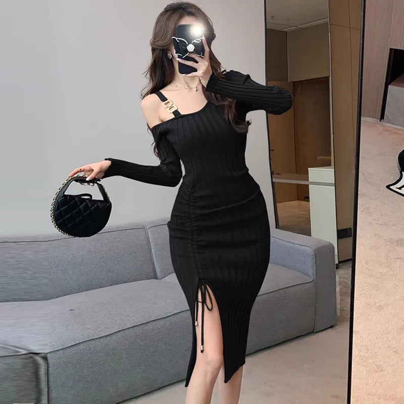Women’s Ribbed Knit Bodycon Dress with Asymmetric Neckline