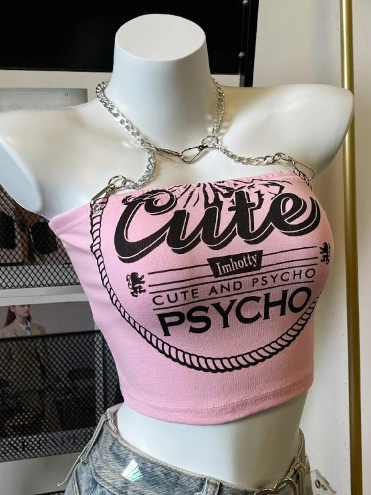 Women's Pink Backless Chain-Neck Tank Top