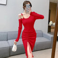 Women’s Ribbed Knit Bodycon Dress with Asymmetric Neckline
