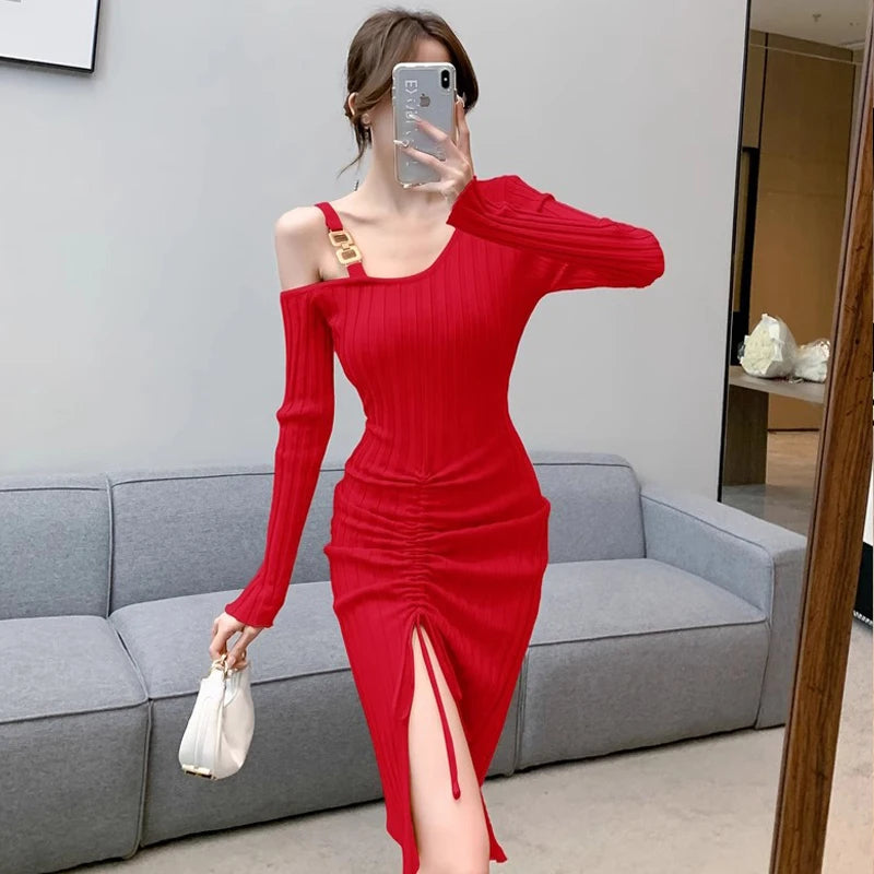Women’s Ribbed Knit Bodycon Dress with Asymmetric Neckline