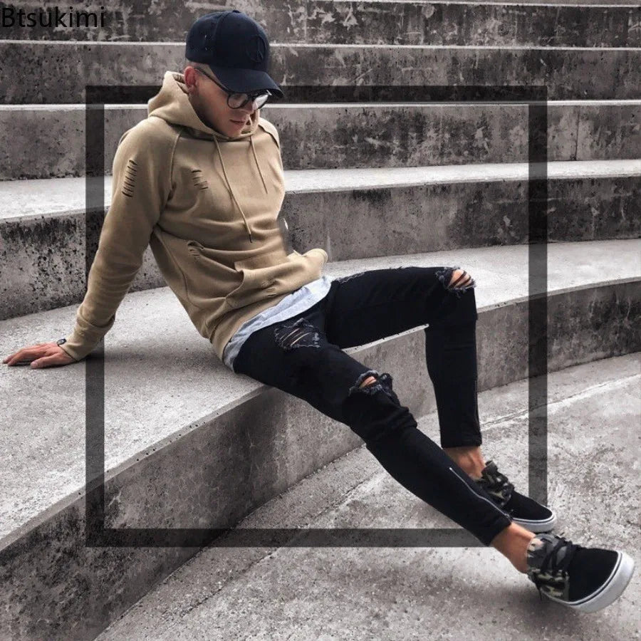 Men’s Black Ripped Stretch Denim Jeans