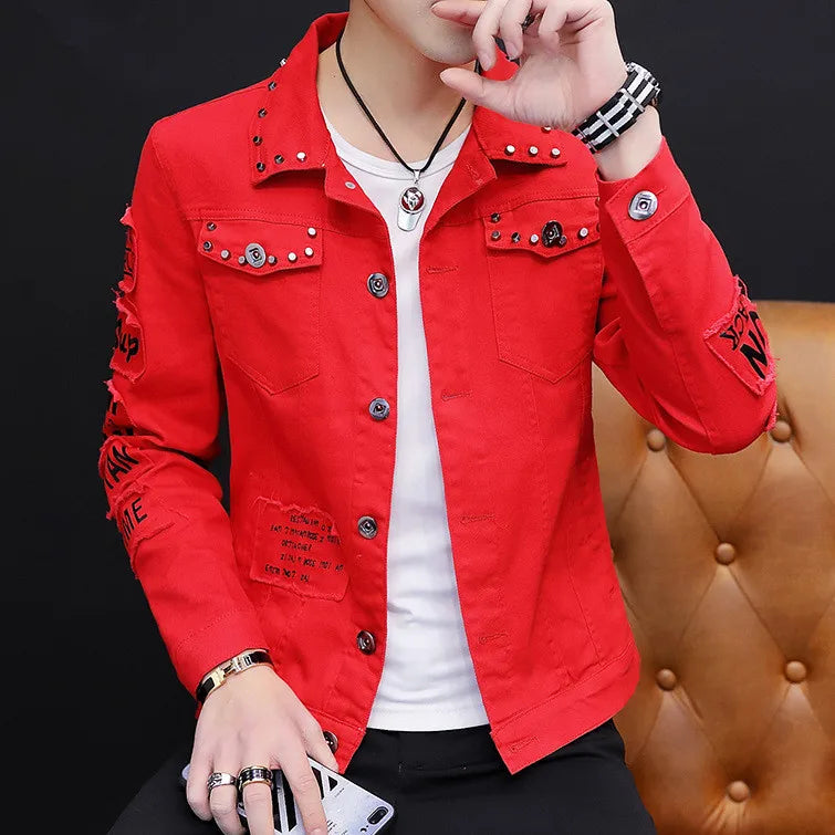 Men’s Rivet-Detail Distressed Slim-Fit Jacket