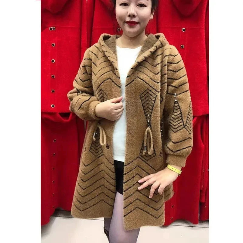 Women's Long Hooded Knit Cardigan Coat | Model Pink