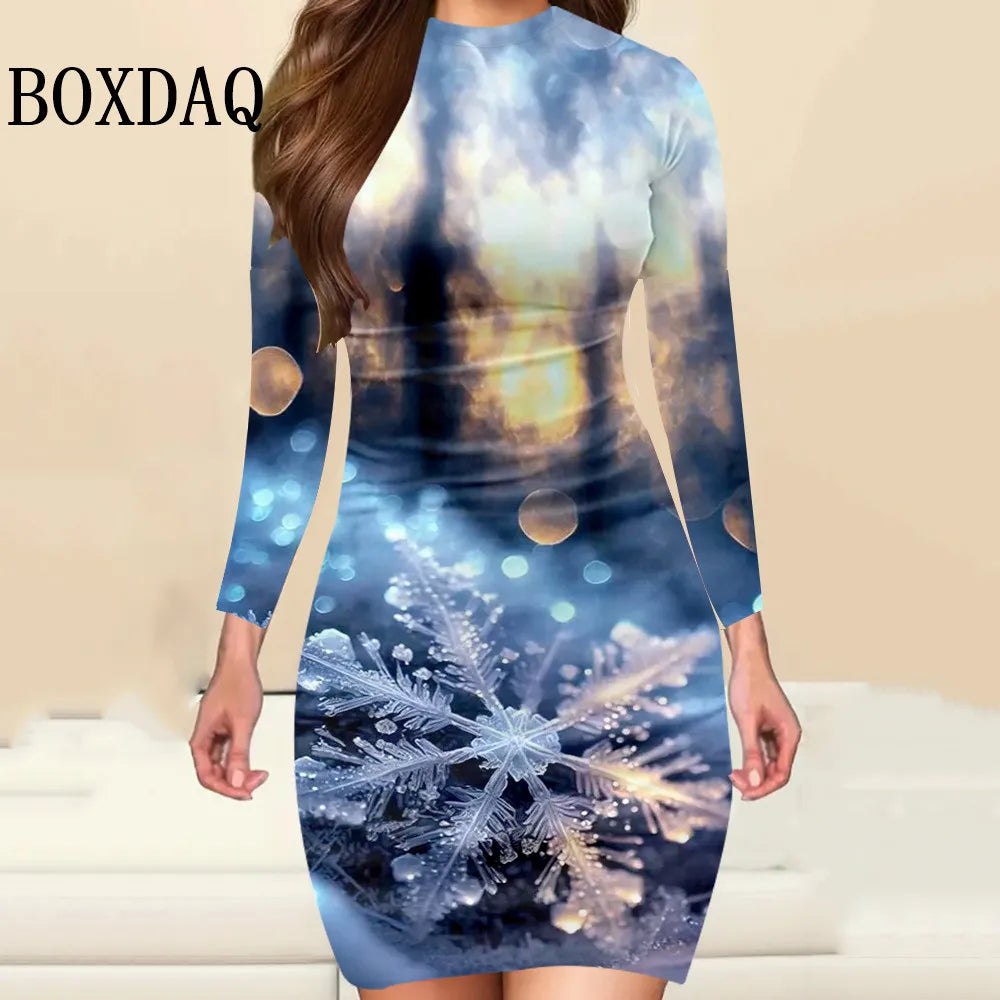 Christmas Print Long-Sleeve Bodycon Mini Dress