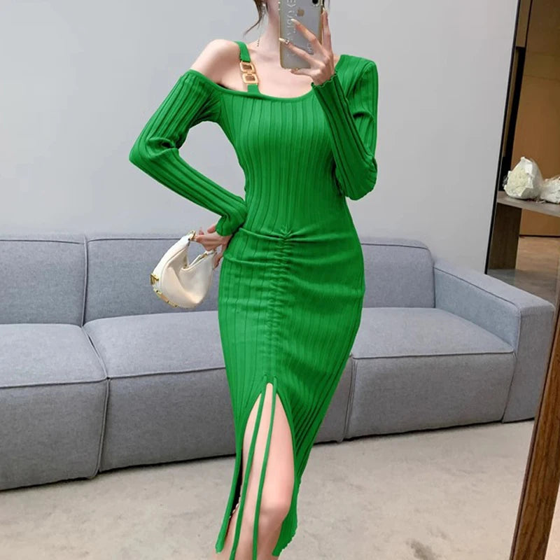 Women’s Ribbed Knit Bodycon Dress with Asymmetric Neckline