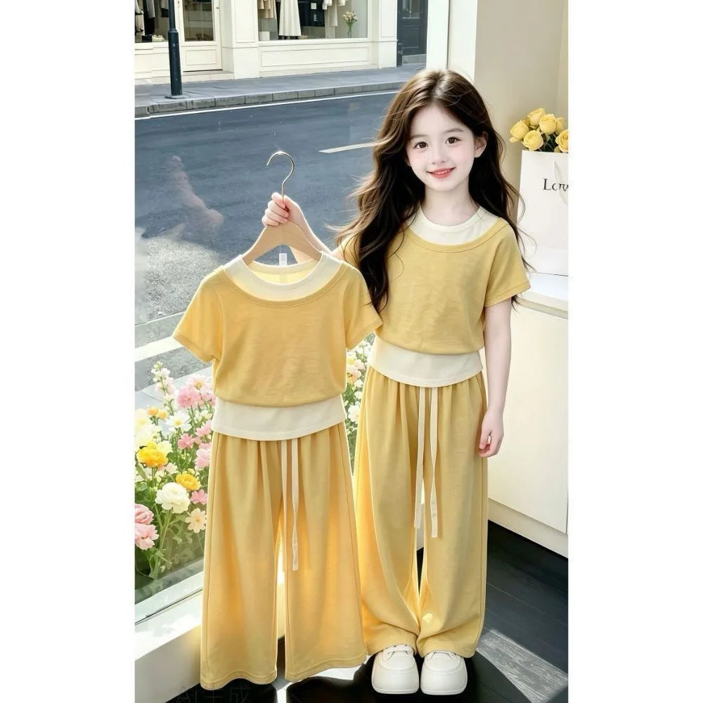 Girls' 2-Piece Layered Crop Top & Wide-Leg Pants Set