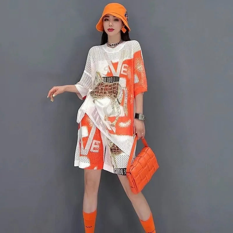 Women's Cartoon Rhinestone Two-Piece Top and Shorts Set