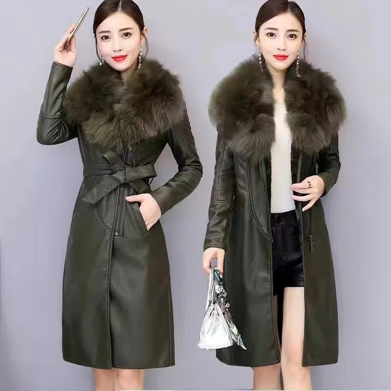 Women's Mid-Length PU Coat with Detachable Fur Collar | Model Pink