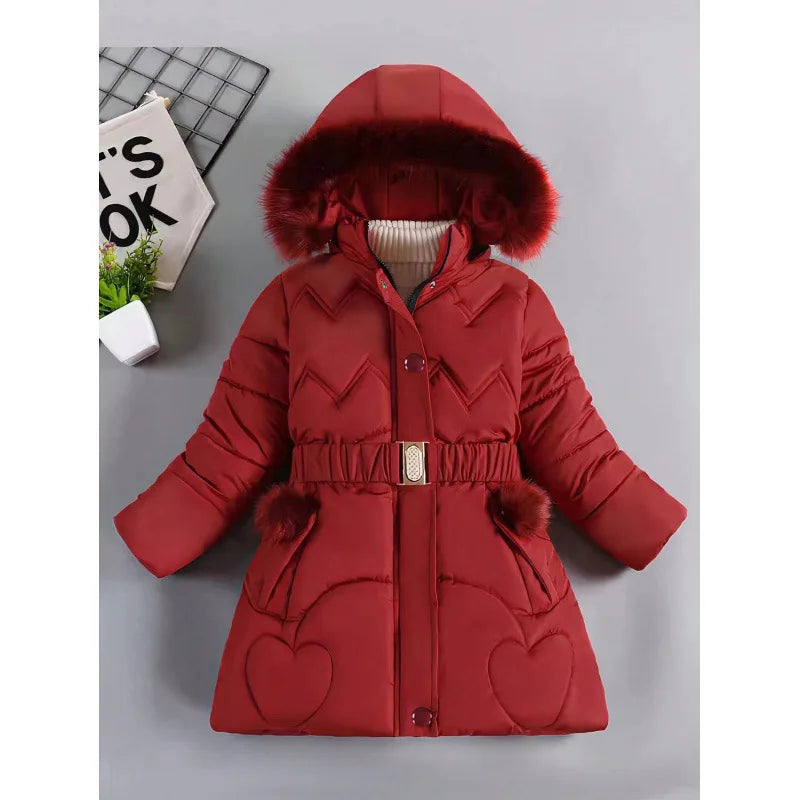 Girls' Hooded Winter Coat with Fur-Style Collar | Model Pink