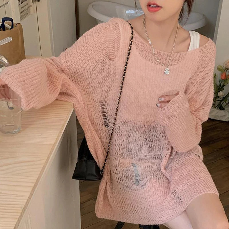 Women's Fluffy Distressed Knit Pullover Sweater