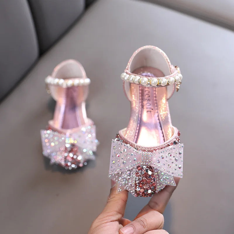 Girls' Leather Sandals with Sequin Bow Detail