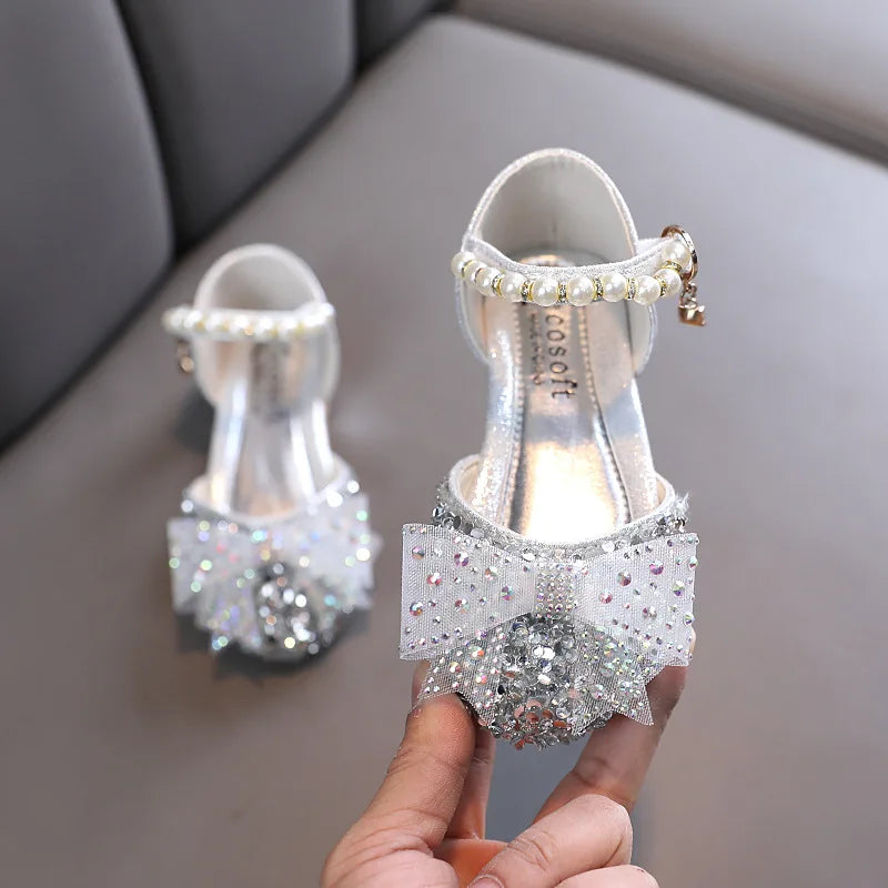 Girls' Leather Sandals with Sequin Bow Detail