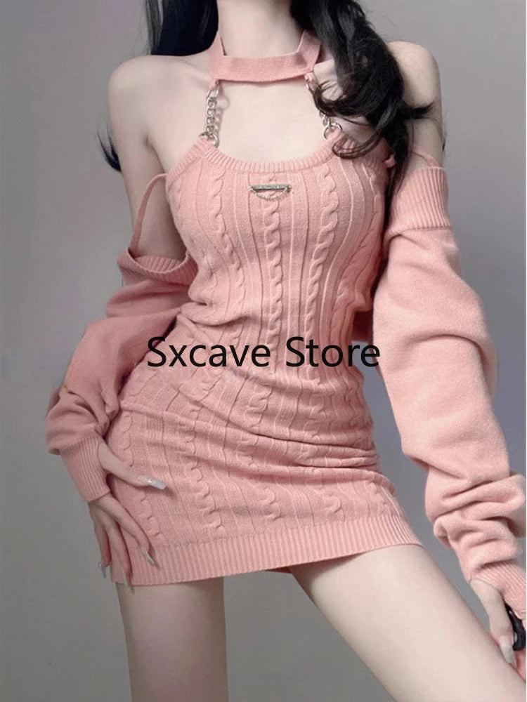 Women's Pink Knit Crop Top & Mini Dress Set