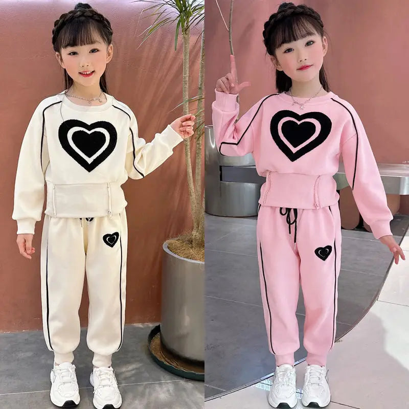 Girls’ Heart-Print 2-Piece Outfit – Long-Sleeve Top & Trousers