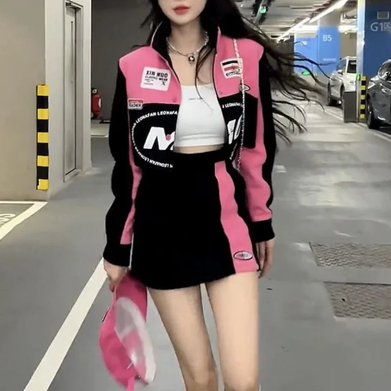 Women's Pink Biker Jacket & Mini Skirt Set