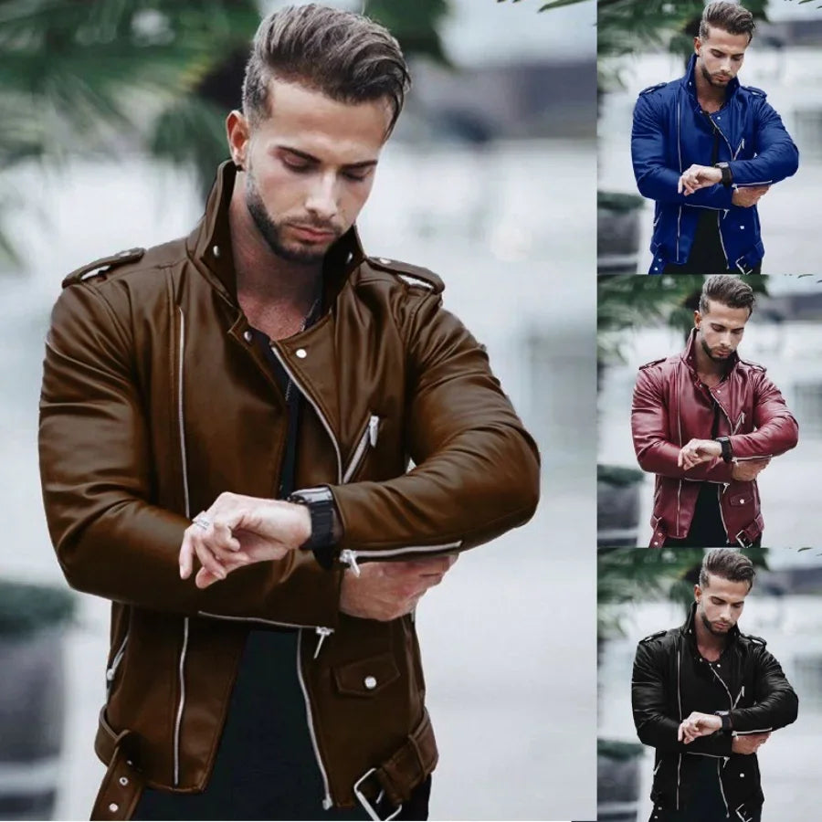 Men’s PU Faux-Leather Stand-Collar Jacket