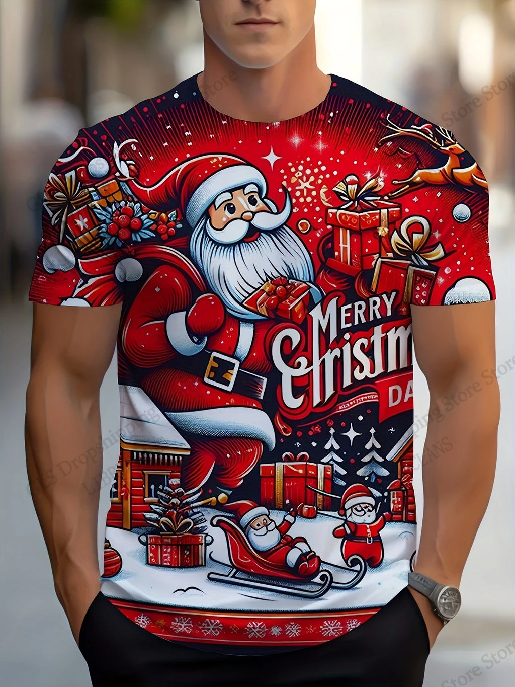 Christmas Tree & Santa Graphic Crew Neck T-Shirt