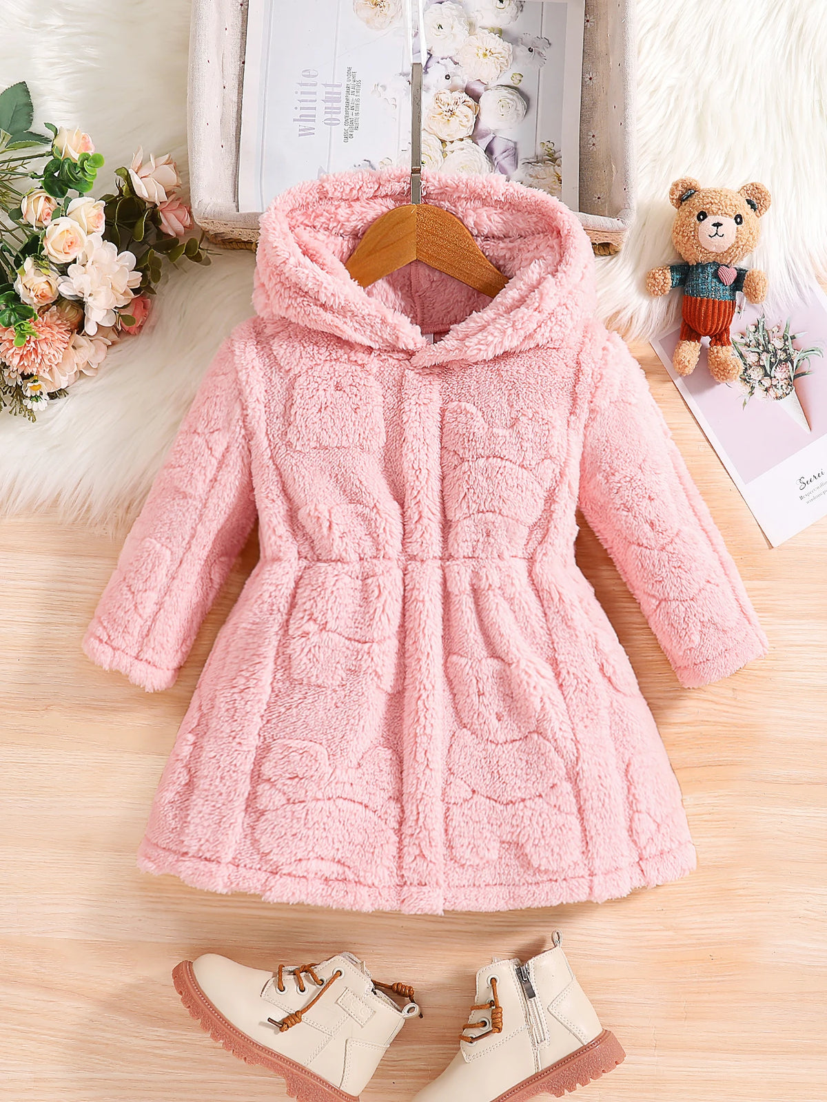 Girls' Pink Hooded Corduroy Jacket | Model Pink